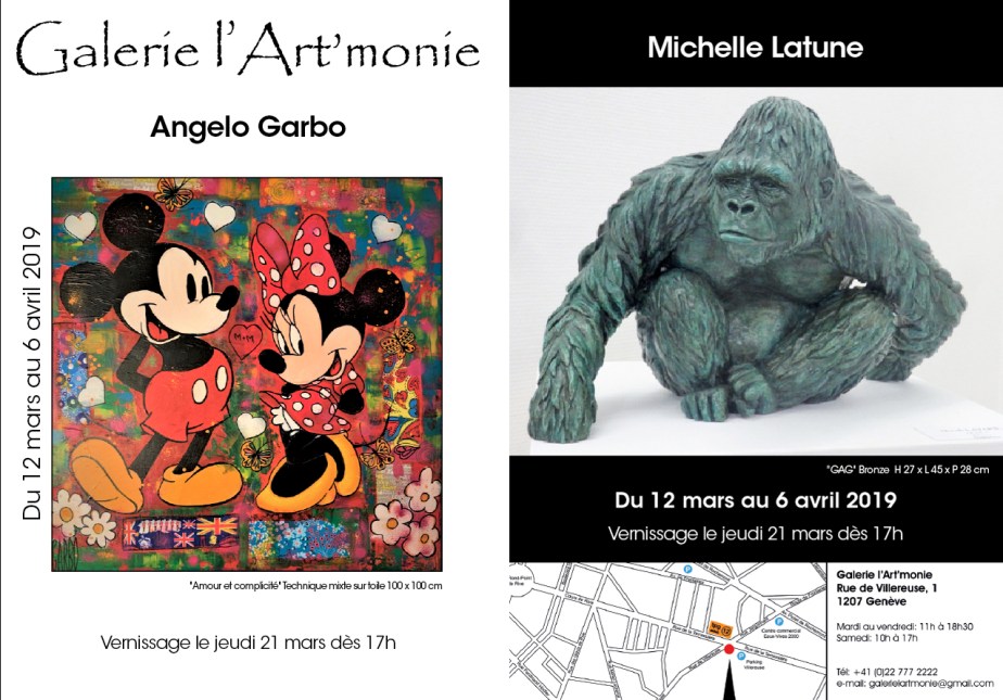 Invitation recto verso à l'exposition de Michelle Latune et Angelo Garbo à la Galerie l'Art'monie Genève2